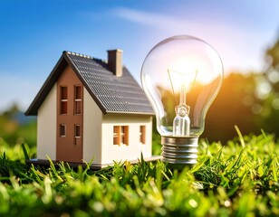 Miniature house and light bulb in grass