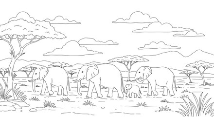 Naklejka premium African Elephant Family Coloring Page Savannah Landscape Illustration