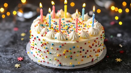 Birthday Cake : Celebratory cake with candles and colorful sprinkles on a festive background. AI-generated.