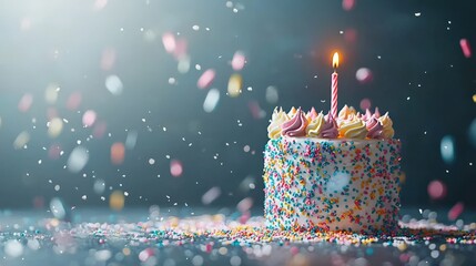Birthday Cake : Birthday cake with a candle surrounded by colorful confetti. AI-generated.