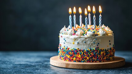 Birthday Cake : Birthday cake with candles and colorful sprinkles. AI-generated.