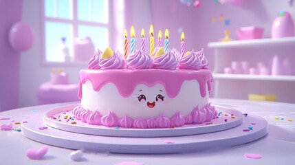 Birthday Cake : Cute animated cake with frosting and candles in a pastel setting. AI-generated.