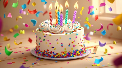 Birthday Cake : Celebratory birthday cake with candles and colorful confetti. AI-generated.