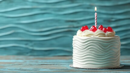 Birthday Cake : Delicious cake with cream and cherries on a textured blue background. AI-generated.