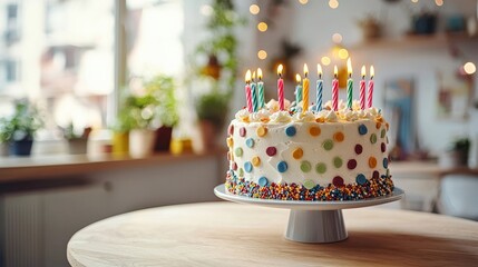 Birthday Cake : Celebratory cake with candles in a cozy indoor setting. AI-generated.