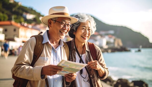 Elderly couple sightseeing by the ocean