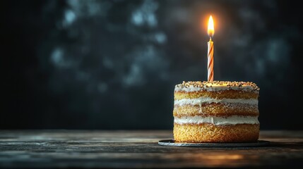 Birthday Cake : Delicious cake with a single candle glowing softly. AI-generated.