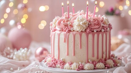 Birthday Cake : Delicious cake adorned with candles and pink frosting. AI-generated.