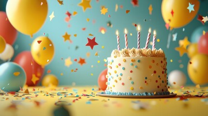 Birthday Cake : Festive birthday cake surrounded by colorful balloons and confetti. AI-generated.