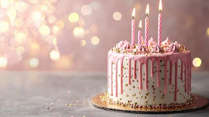 Birthday Cake : Delicious cake with pink frosting and candles on a festive background. AI-generated.