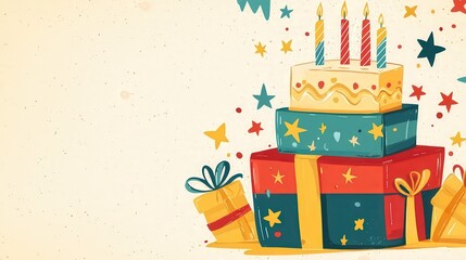 Birthday Cake : Colorful birthday cake with gifts and stars on a festive background. AI-generated.