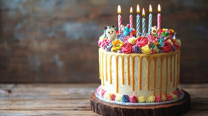 Birthday Cake : Delicious birthday cake with colorful decorations and candles. AI-generated.