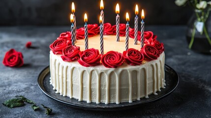 Birthday Cake : Delicious cake with roses and candles for celebration. AI-generated.