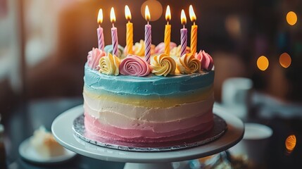 Birthday Cake : Colorful birthday cake with candles glowing on top. AI-generated.