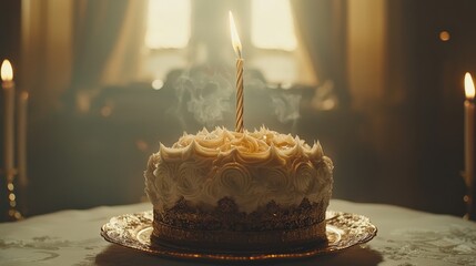 Birthday Cake : Birthday cake with a candle, softly glowing in a warm setting. AI-generated.