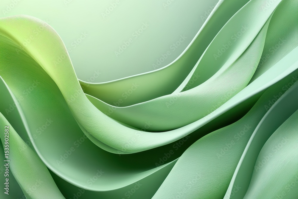 Poster Abstract green fabric waves gracefully against a light backdrop, creating a smooth and flowing form, blending light green tones with an elegant, soft texture