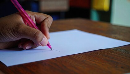 Hand Writing with a Pink Gel Pen on White Paper