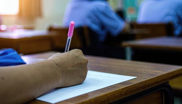 Hand Writing on Paper with Pink Gel Pen in Classroom
