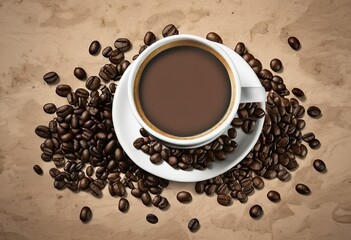 Obraz premium White cup with coffee on white saucer, top view, coffee beans around, contrast background, mocha mousse design, fashion trend