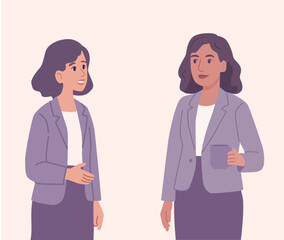 Two professional women in conversation in a modern office setting. Flat vector illustration with soft pastel tones, showcasing leadership, collaboration, and female presence in business.