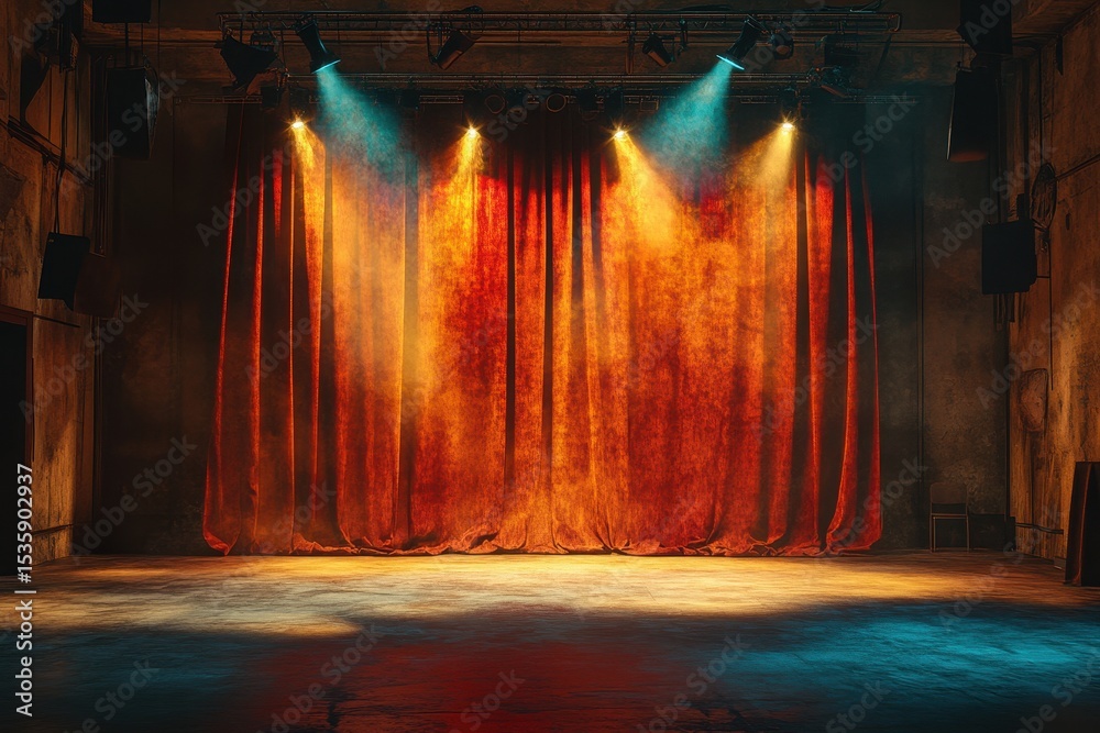 Poster stage lighting shines on wooden floor in empty theatre with curtains and brick wall creating a drama