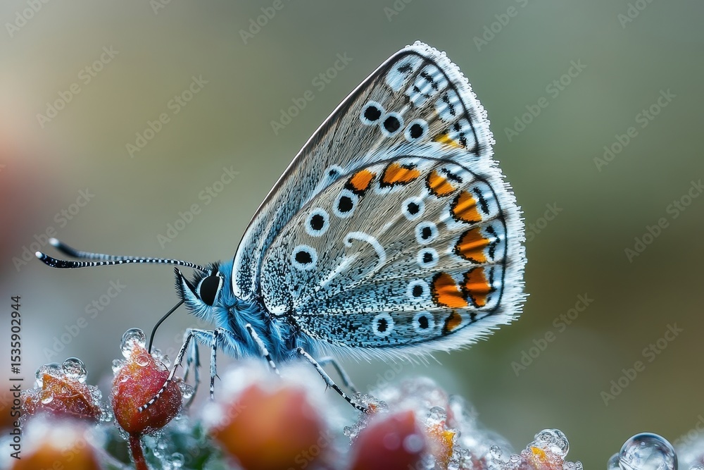 Poster close view of european peacock butterfly resting on a green leaf with water droplets after a rainy s