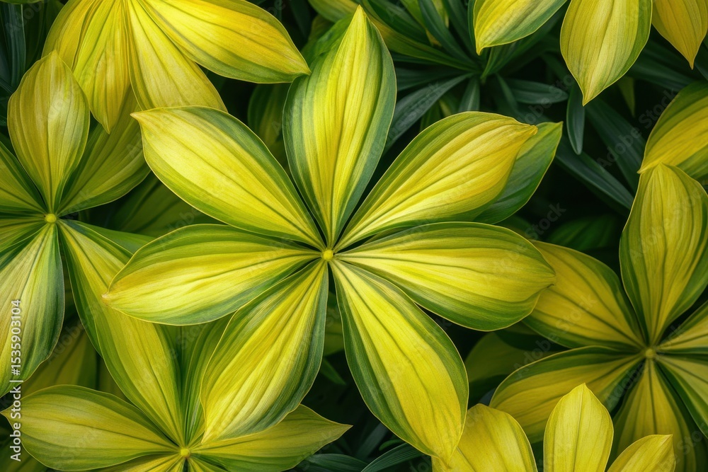 Poster yellow and green leaves of a plant in the afternoon sunlight displaying unique patterns, close-up vi