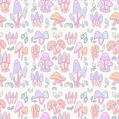 Colorful mushrooms background doodle illustration seamless 