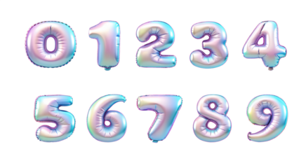 Numbers from 0 to 9 made with foil holographic birthday balloons