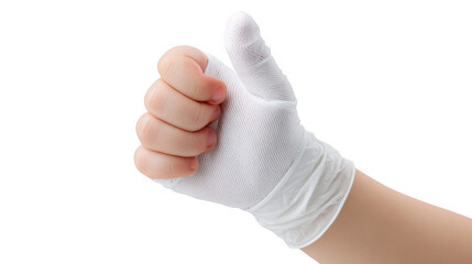 Close up of baby hand wearing a white glove making a thumbs up gesture, isolated on a transparent background, conveying approval, positivity, and well being