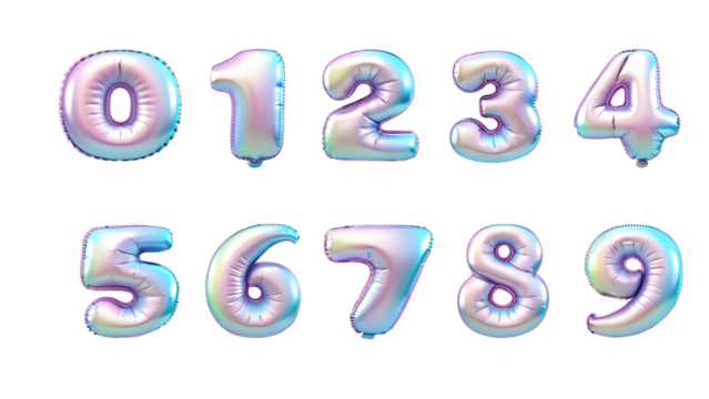 Numbers from 0 to 9 made with foil holographic birthday balloons