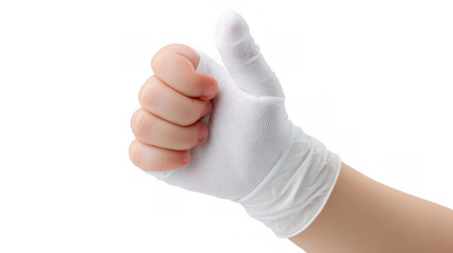 Close up of baby hand wearing a white glove making a thumbs up gesture, isolated on a transparent background, conveying approval, positivity, and well being