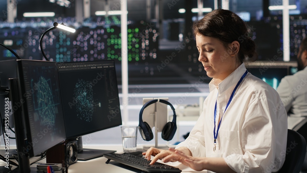 Poster data center developer thinking how to improve ai supercomputers, pleased with result. cheerful serve