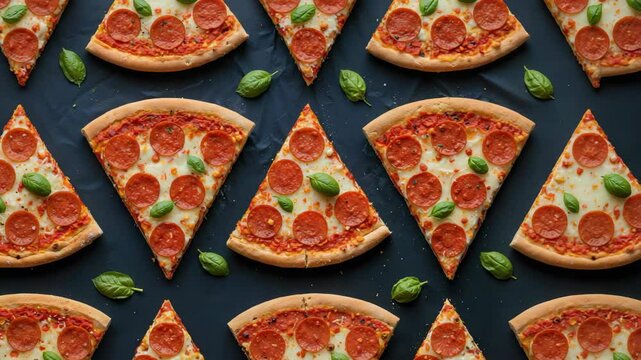 Delicious pepperoni pizza slices forming a pattern on dark background.