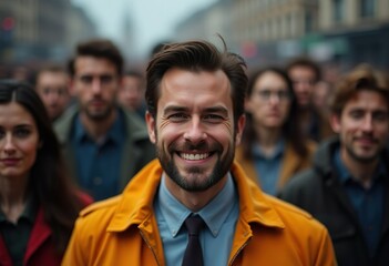 Fototapeta premium Nice smiling man in bright yellow jacket close-up, gray crowd of people in the background, not like everyone else