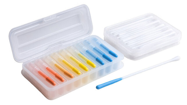 Multiple genetic test swabs are neatly arranged inside their box, while a single swab lies nearby, all set against a transparent background