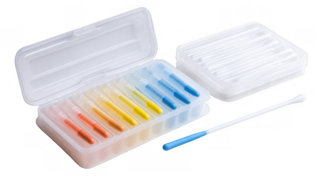 Multiple genetic test swabs are neatly arranged inside their box, while a single swab lies nearby, all set against a transparent background