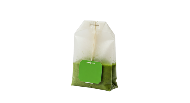 Transparent Tea Bag with Green Label Ready for Brewing.