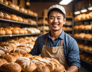 Baker smiles at camera, holding bread