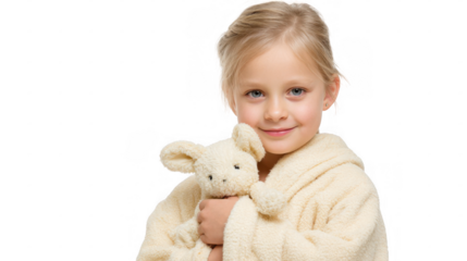 Young girl wearing a bathrobe smiles while hugging a teddy bear against a transparent background, creating a heartwarming scene of childhood comfort and innocence
