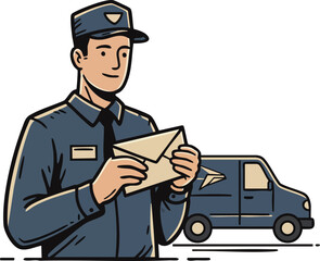 Mail carrier delivering letters with postal van in background vector illustration 