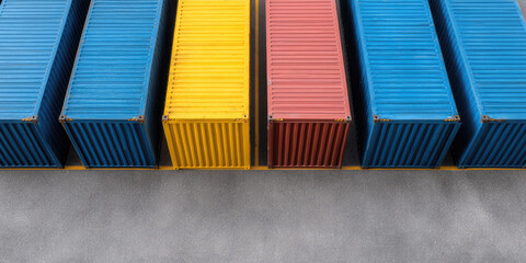 Colorful shipping containers are lined up in an orderly fashion on a concrete surface. Industrial logistics and transportation