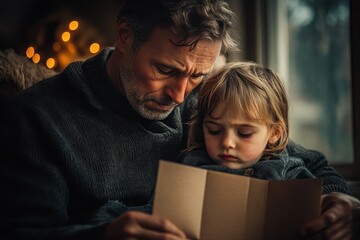 Mature man with glasses smiles, reading a Christmas card in a cozy setting with bokeh lights, enjoying a quiet holiday moment at home in winter