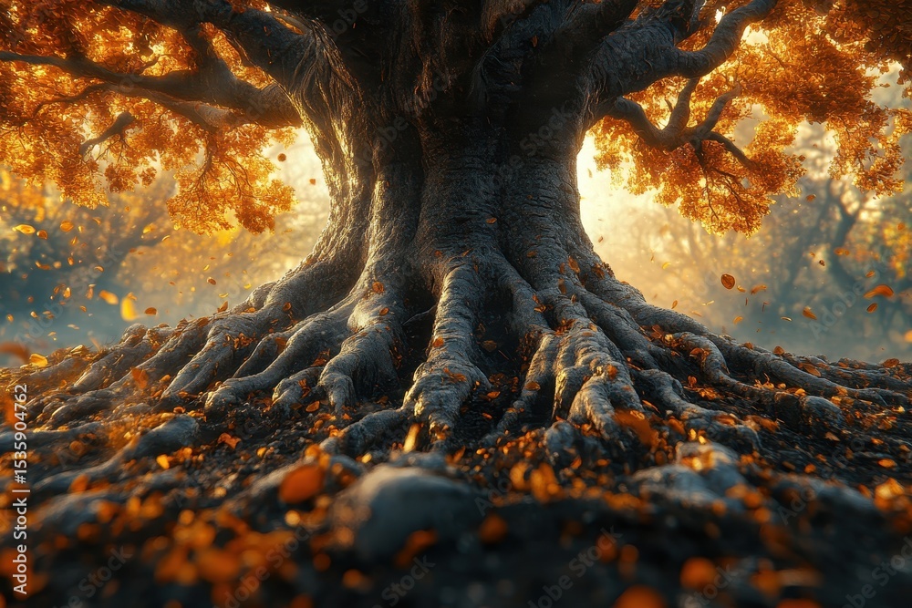Poster enormous old tree stands with exposed roots during the golden hour in autumn, scattered with orange 