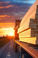 Stacks of lumber are loaded on a truck driving down a road at sunset. Transportation and logistics, construction materials