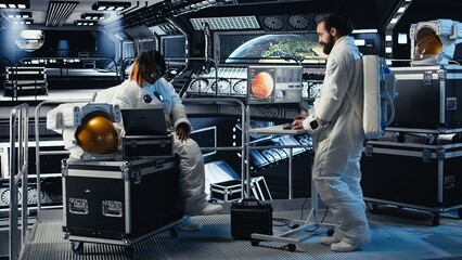 Astronauts flying together in starship exploring Mars, seeking extraterrestrial life. Cosmonaut in...