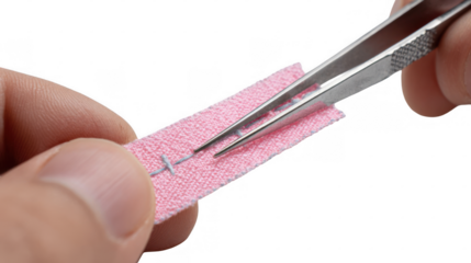 Close up of a tailor using tweezers to carefully remove stitches from pink fabric, highlighting precision and attention to detail with a transparent background for versatile design use