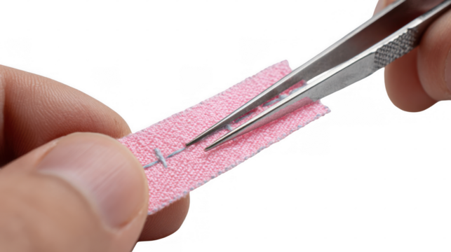 Close up of a tailor using tweezers to carefully remove stitches from pink fabric, highlighting precision and attention to detail with a transparent background for versatile design use