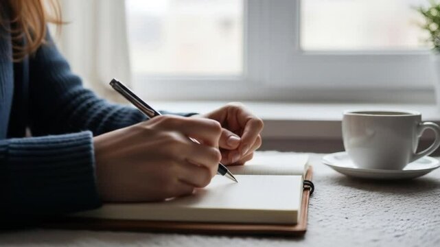 Closeup writing in notebook with pen and coffee on the table