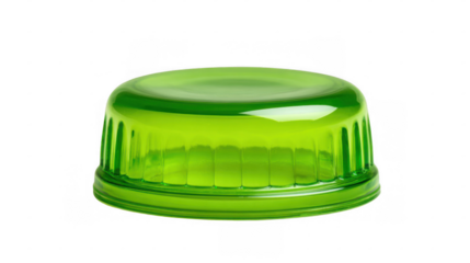 Studio shot of a green childproof cap, showcasing its safety features and vibrant color against a transparent background, ideal for pharmaceutical or chemical product packaging